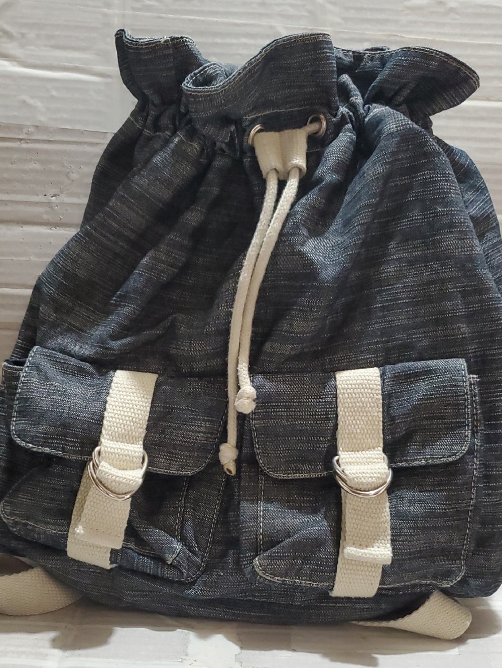 Denim-Look Drawstring Backpack with Cream Strap Details